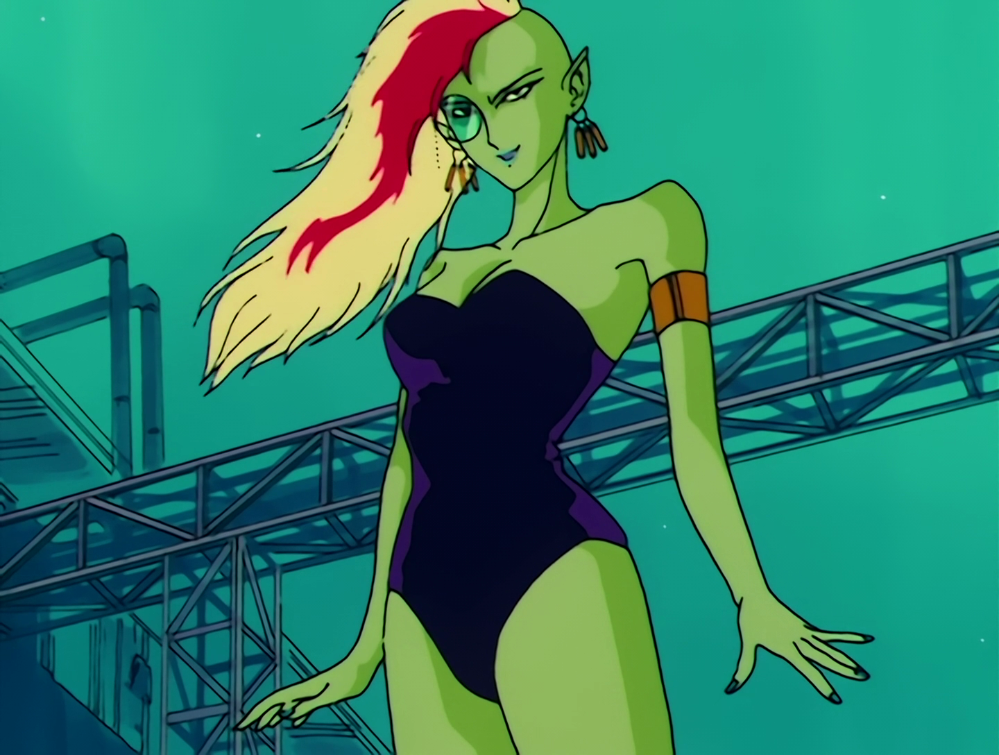 Rikoukeidar, a Youma from Sailor Moon episode 29. She has light green skin, and a yellow and red undercut swept to one side. She’s wearing a dark purple bathing suit and a monocle.